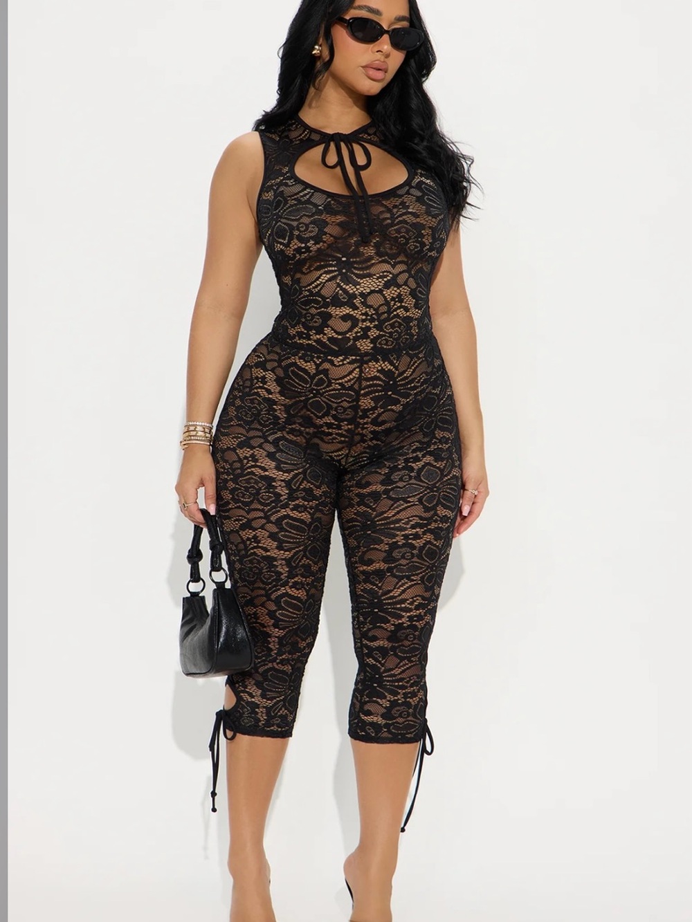 Fashion Nova Black Sheer Lace Capri Jumpsuit with Tie Neck